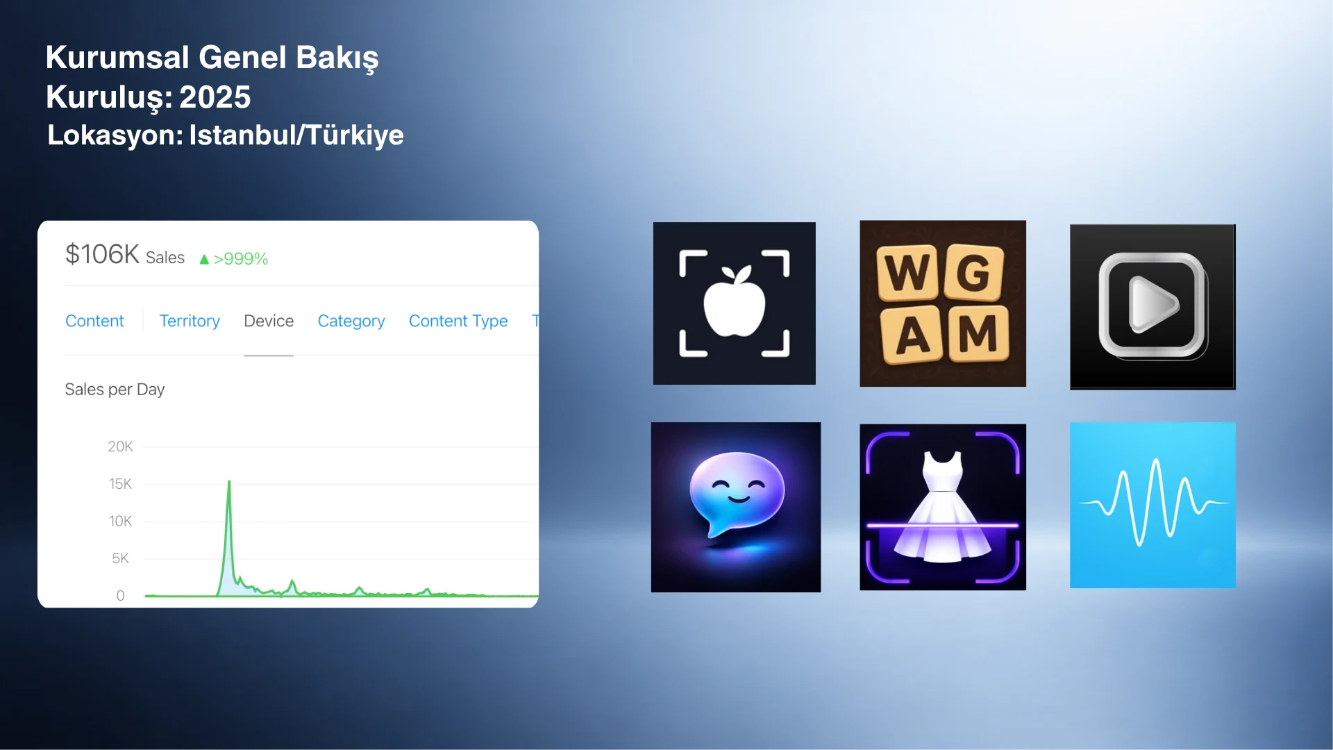 ERCAAP company overview showing $106K App Store sales and mobile app portfolio